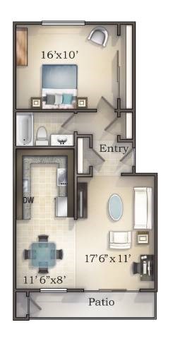 A floor plan of a small apartment with a patio.