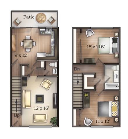 A floor plan of a house with a patio and a living room.