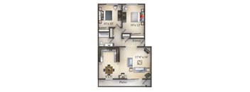 A floor plan of a house with a kitchen, living room, and bathroom.