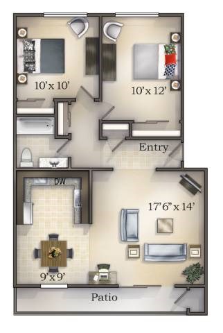 A floor plan of a house with a kitchen, living room, and bathroom.