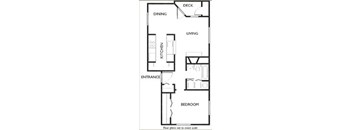 A floor plan of a house with a deck, dining area, living room, kitchen, entrance, and bedroom.