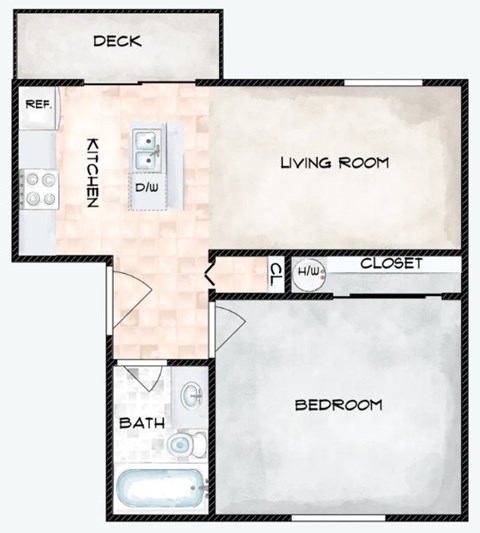 A floor plan of a small apartment with a kitchen, living room, bedroom, and bathroom.