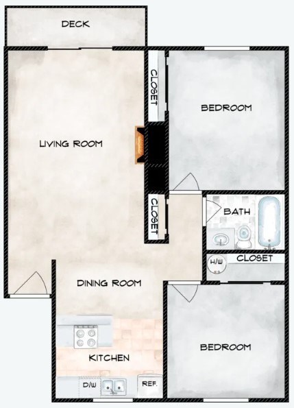 A floor plan of a small apartment with a living room, dining room, kitchen, and two bedrooms.