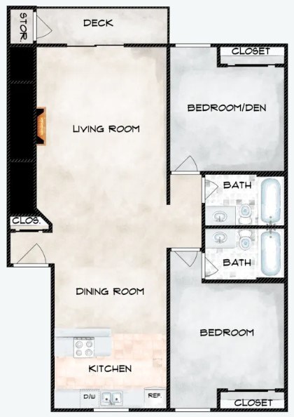 A floor plan of a house with a living room, dining room, kitchen, and two bedrooms.