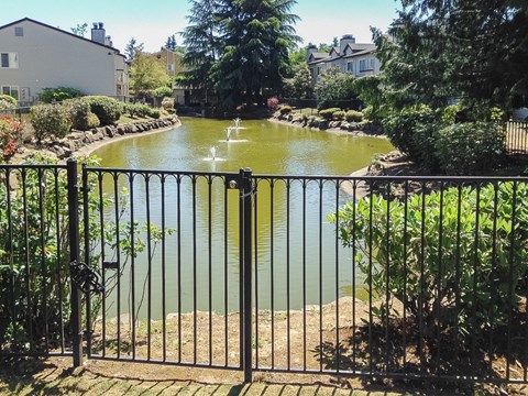 A fenced garden with a pond and water fountains.