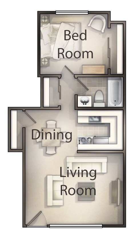 A diagram of a small apartment with a bedroom, living room and dining area.