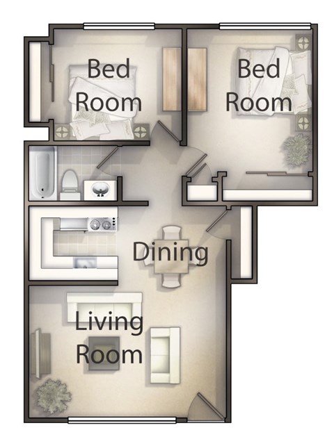 A floor plan of a small apartment with two bedrooms, a living room, and a dining area.