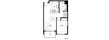 A black and white floor plan of a house with a kitchen, bathroom, dining area, living room, bedroom, and deck.