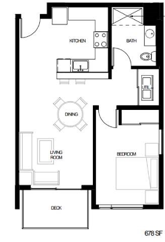A black and white floor plan of a house with a kitchen, bathroom, dining area, living room, bedroom, and deck.