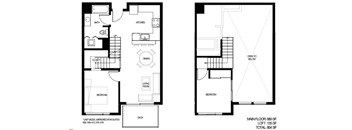 A floor plan of a one-bedroom apartment with a kitchen and living room.