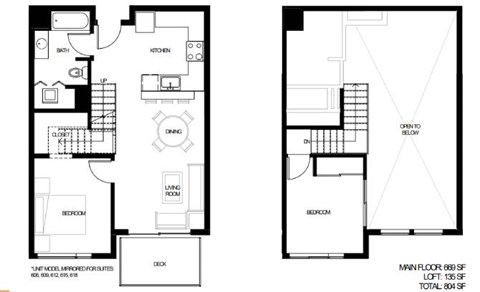 A floor plan of a one-bedroom apartment with a kitchen and living room.