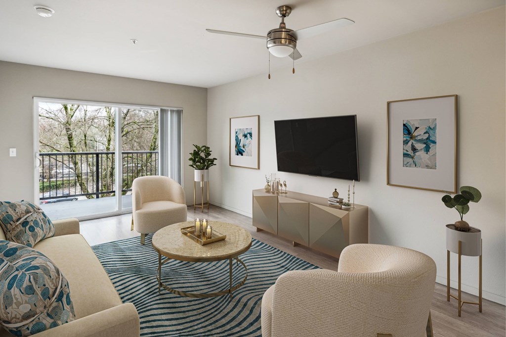 A living room with a white sofa, a coffee table, a TV, and a plant.