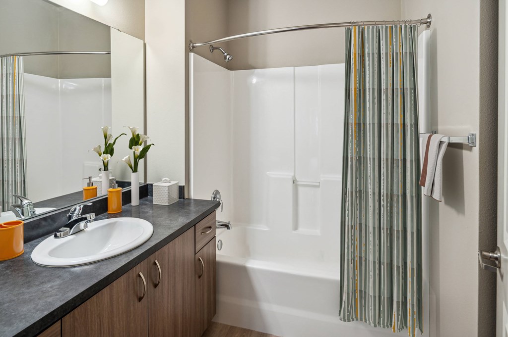 A bathroom with a sink, mirror, and shower.