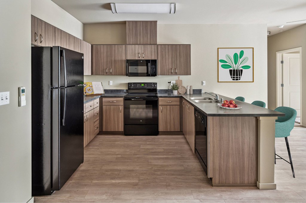 A kitchen with black appliances and wooden cabinets.