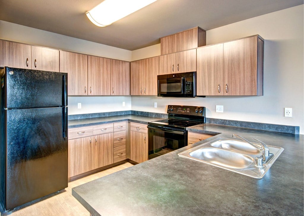 A black refrigerator sits in a kitchen with wooden cabinets and a granite countertop.