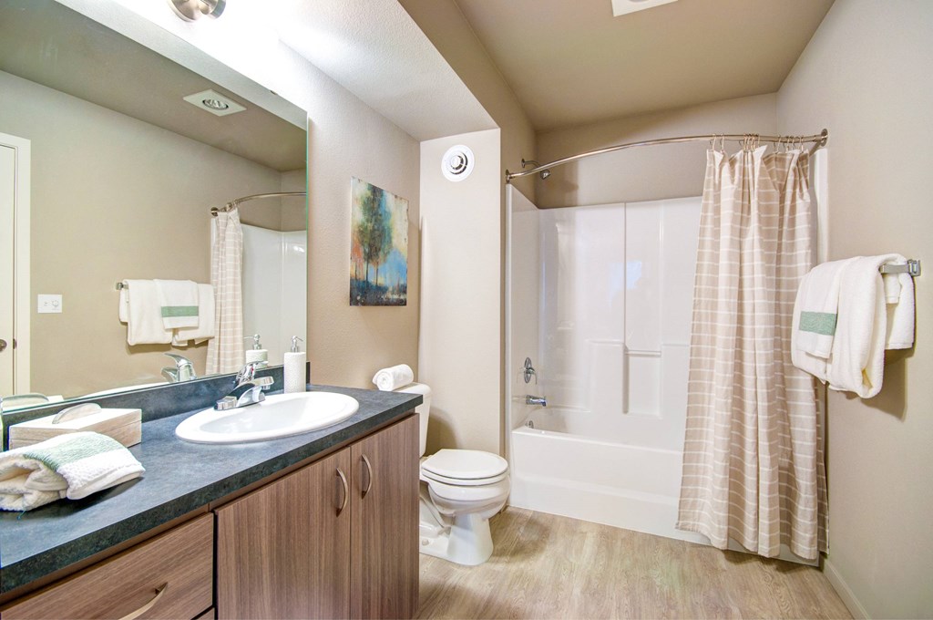 A bathroom with a toilet, sink, and shower.