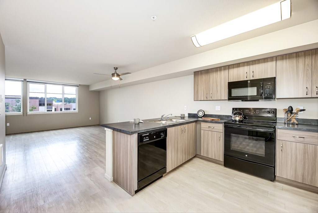 A kitchen with black appliances and wooden cabinets.