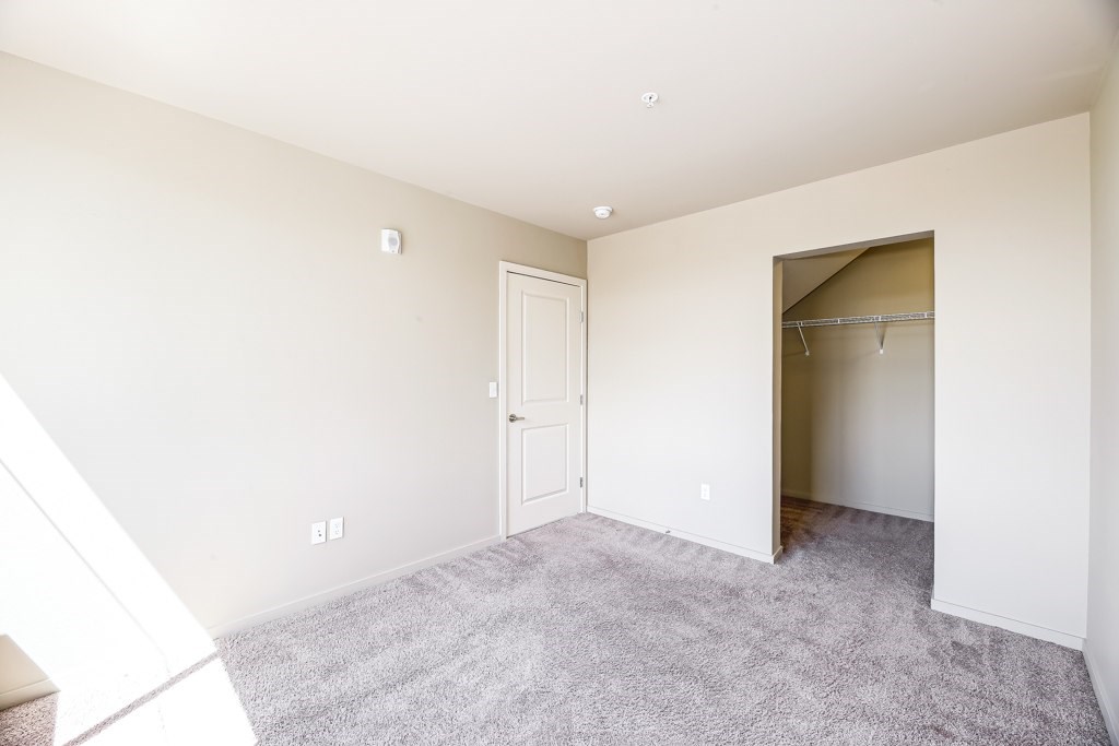 A room with a carpeted floor and a closet with an open door.