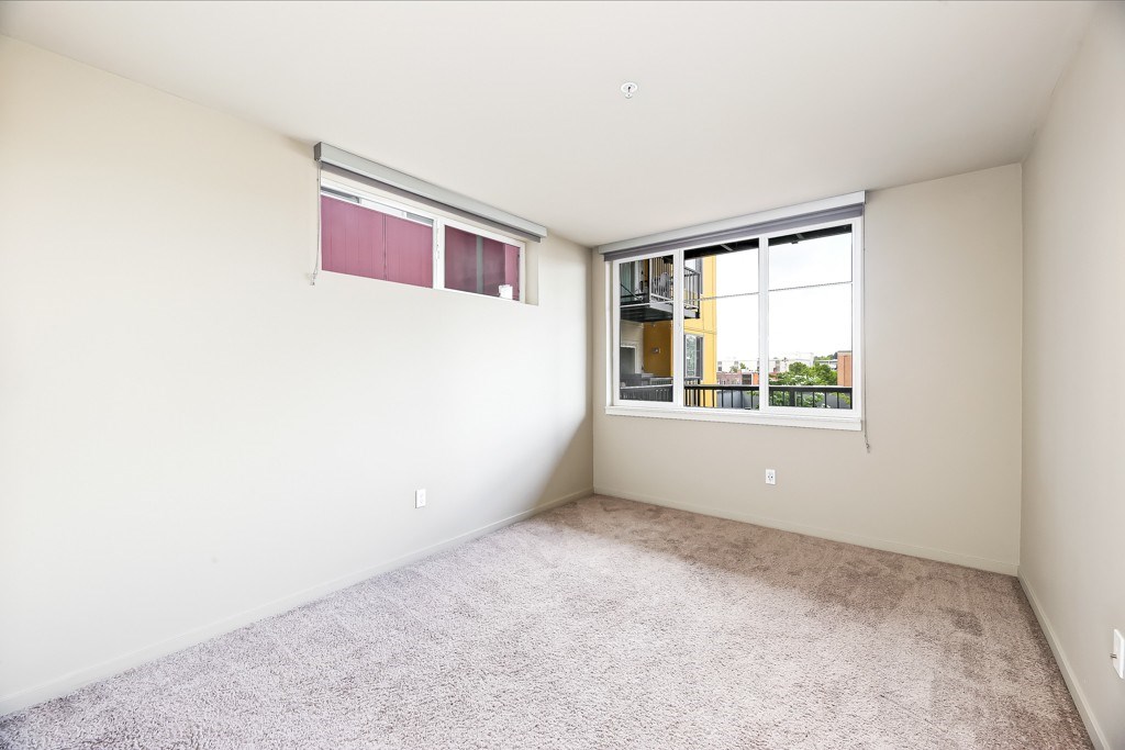 A room with a window and a carpeted floor.