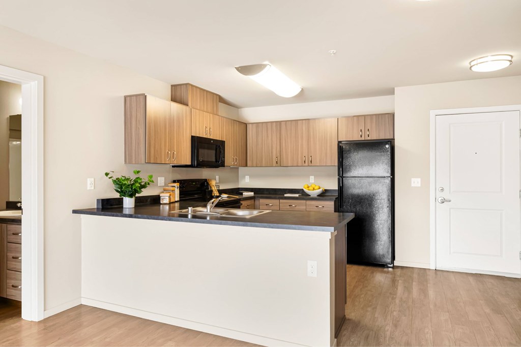 A kitchen with a black fridge and wooden cabinets.