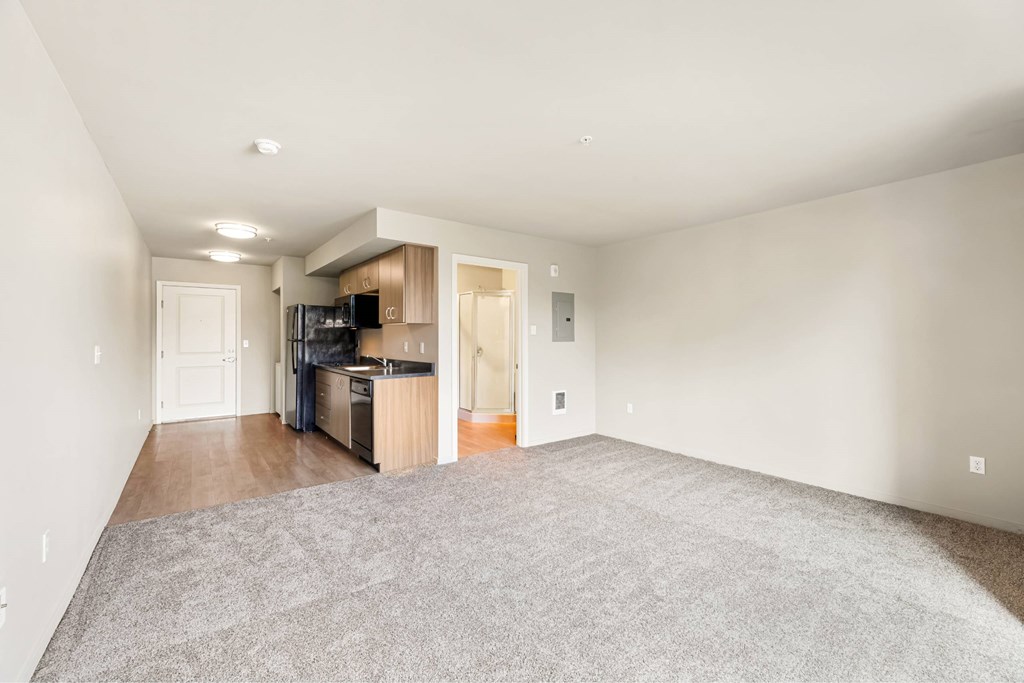 A spacious living room with a kitchenette in the background.