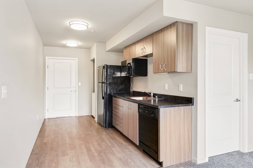 A kitchen with black appliances and wooden cabinets.