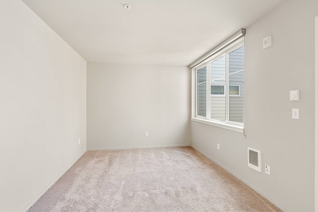 A room with a window and a carpet on the floor.