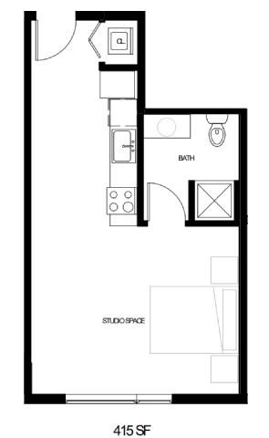A floor plan of a studio space with a bath and a studiospace.