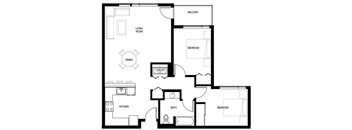 A black and white image of a house floor plan with a balcony, living room, dining room, kitchen, bath, and two bedrooms.