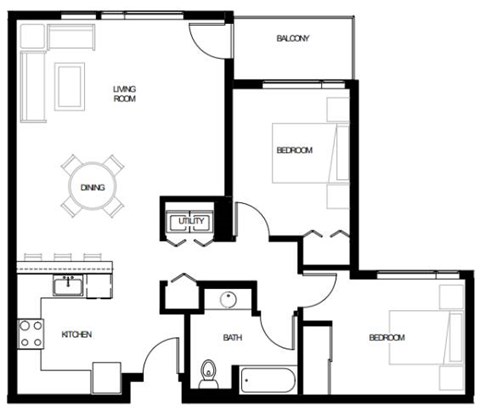 A black and white image of a house floor plan with a balcony, living room, dining room, kitchen, bath, and two bedrooms.