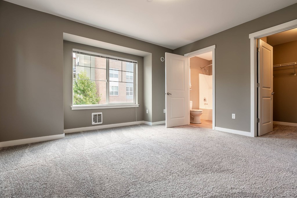 A room with a carpeted floor and a window.