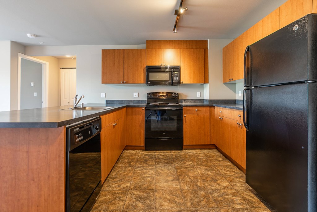 A kitchen with a black refrigerator and wooden cabinets.