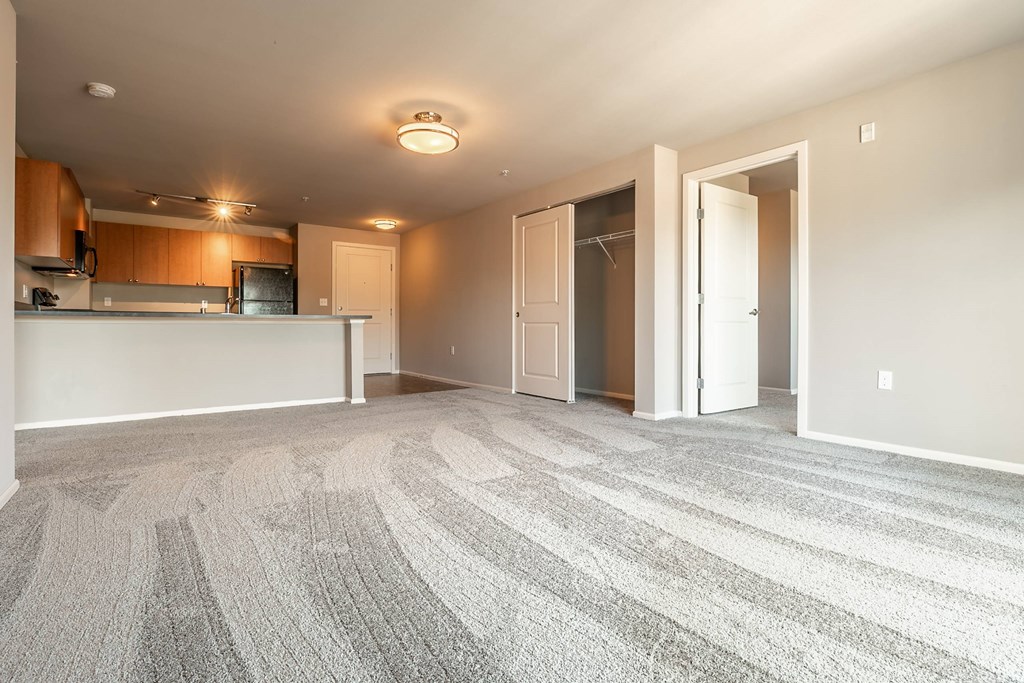 A large, empty room with a carpeted floor and a kitchen area in the background.