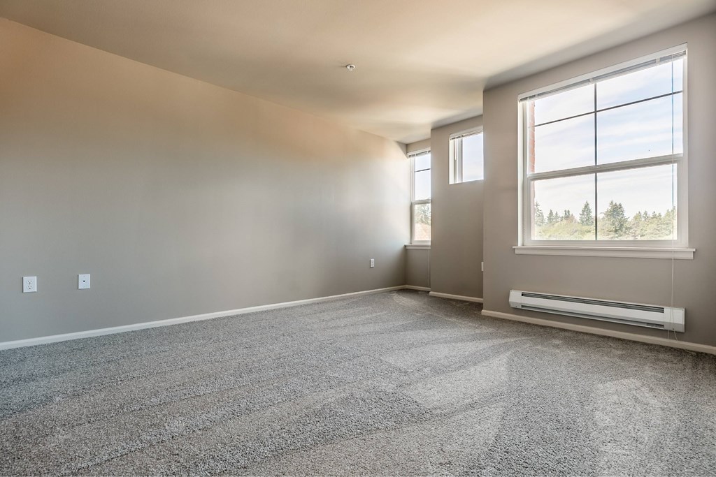 A spacious room with a large window and a carpeted floor.