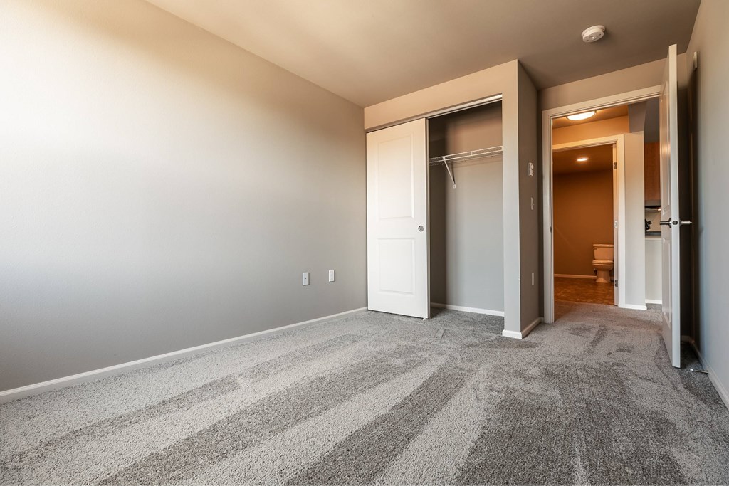 A room with a striped carpet and a white door.