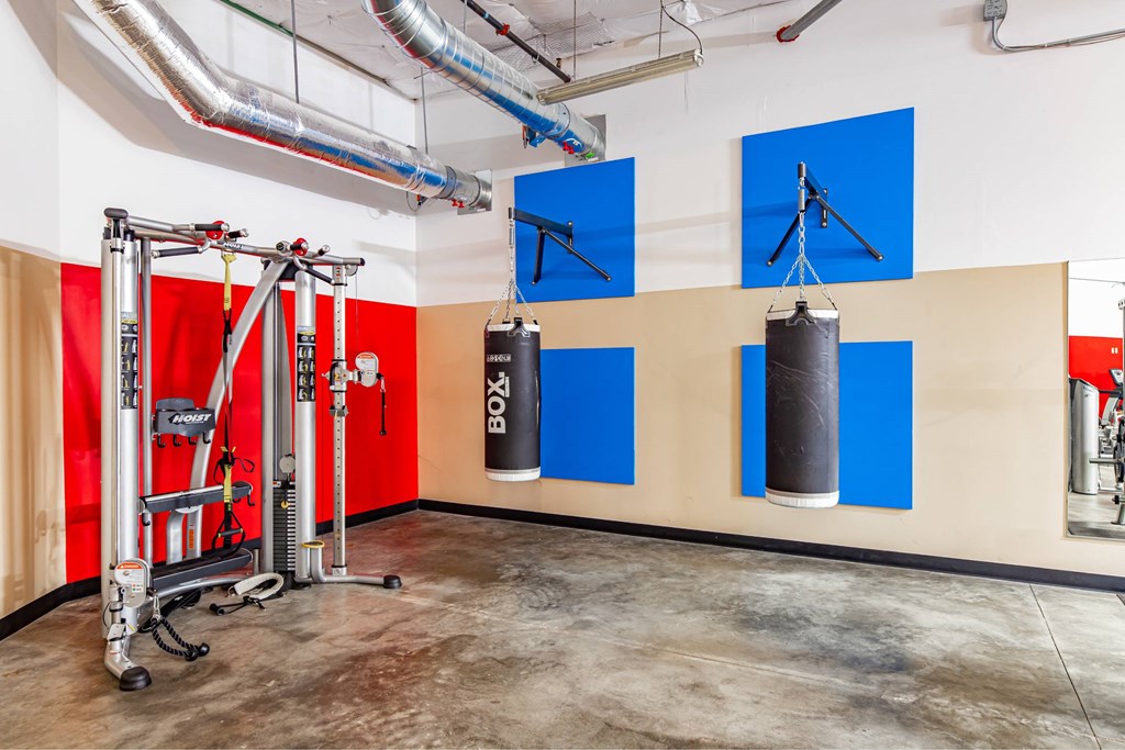 A gym with a punching bag and a boxing ring.