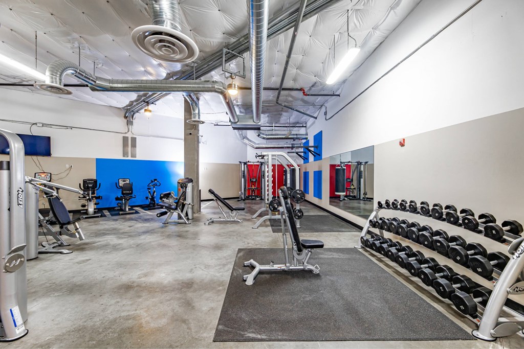 A gym with a variety of equipment including dumbbells and weight machines.