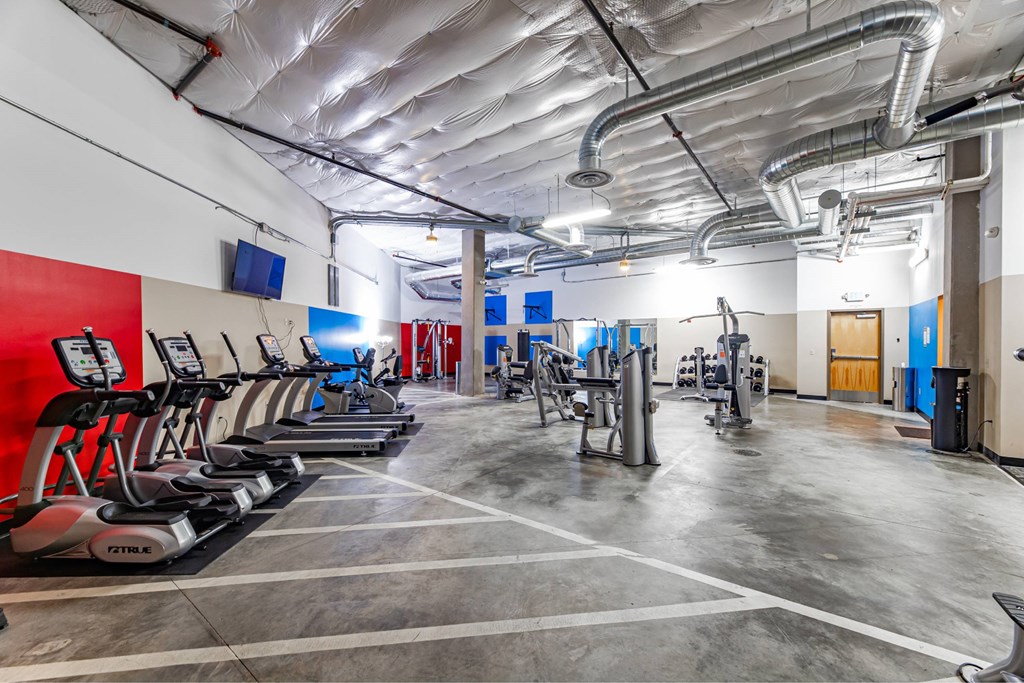 A gym with treadmills and other exercise equipment.