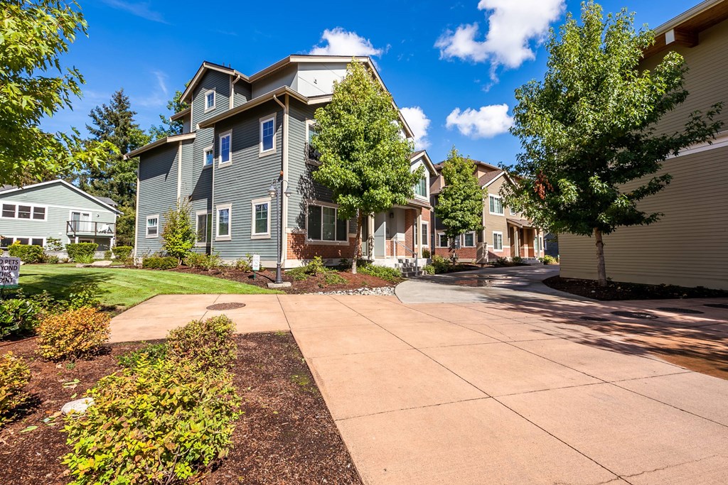A sunny day at a residential area with houses and a clear blue sky.