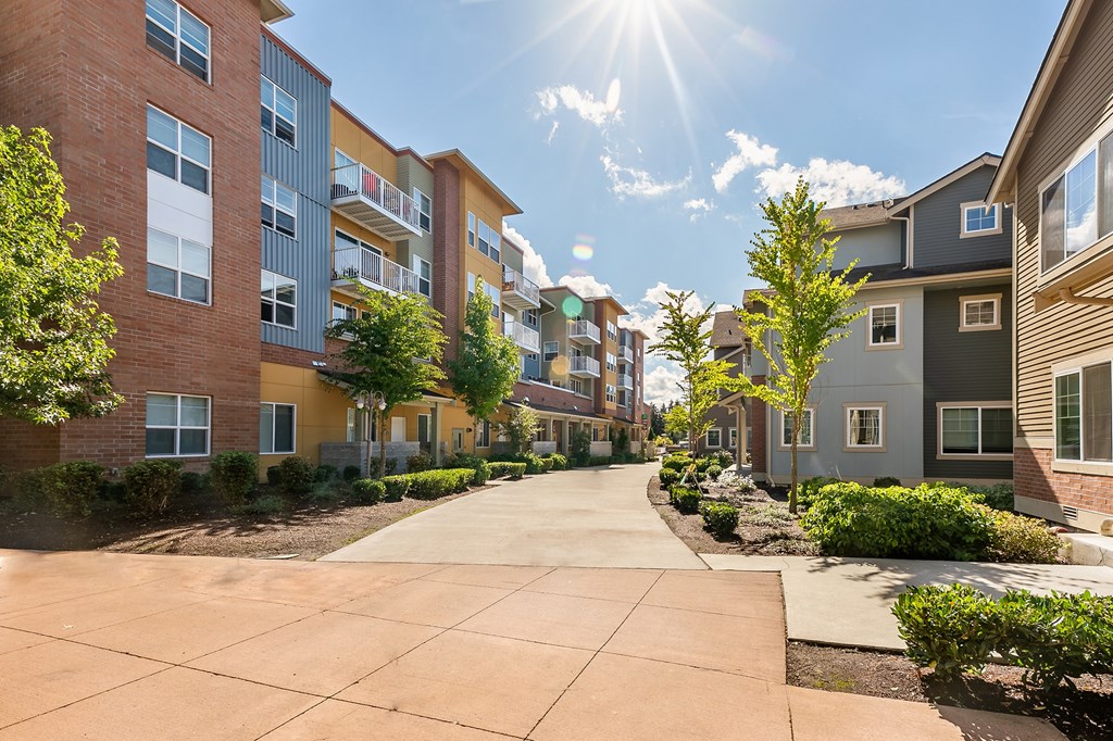 A sunny day in a residential area with apartment buildings on both sides of a tree-lined street.