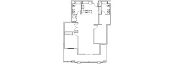 A floor plan of a house with a kitchen, living room, and two bedrooms.