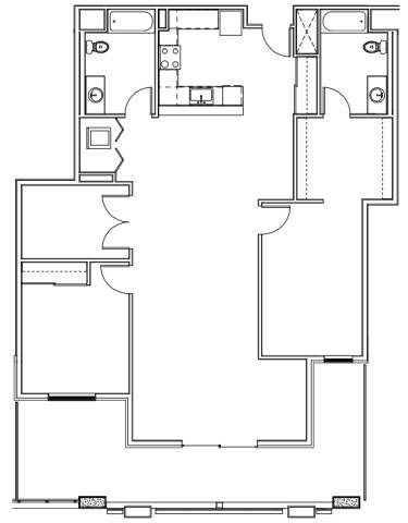 A floor plan of a house with a kitchen, living room, and two bedrooms.