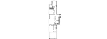 A black and white image of a floor plan with multiple rooms and hallways.