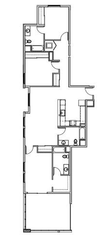 A black and white image of a floor plan with multiple rooms and hallways.