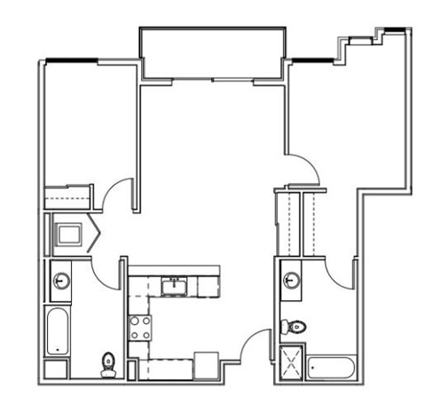 A floor plan of a house with a kitchen, living room, and two bedrooms.