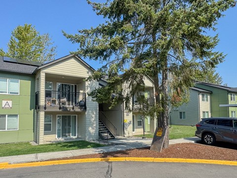 A tree in front of a two-story apartment building.
