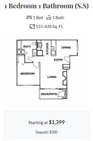 A floor plan for a 1 bedroom 1 bathroom apartment is shown starting at $1,399.