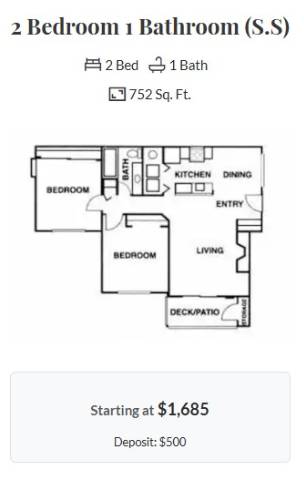 A floor plan for a 2 bedroom 1 bathroom apartment is shown.