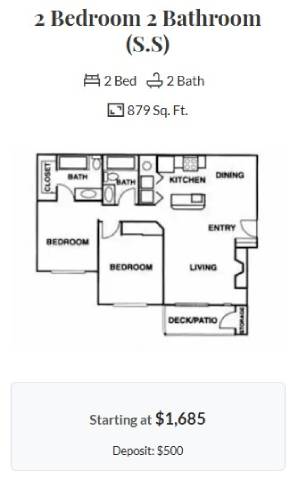 A floor plan for a 2 bedroom 2 bath apartment is shown starting at $1,685.