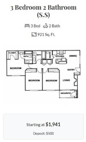 A floor plan for a 3 bedroom 2 bathroom apartment is shown.
